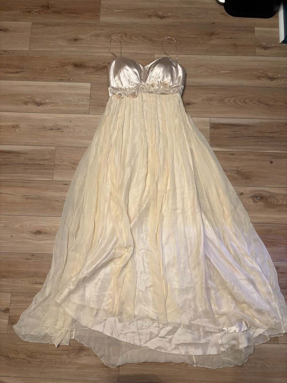 Scala Vintage 100% Silk Beaded Floral Empire Waist Evening Dress Champagne 12